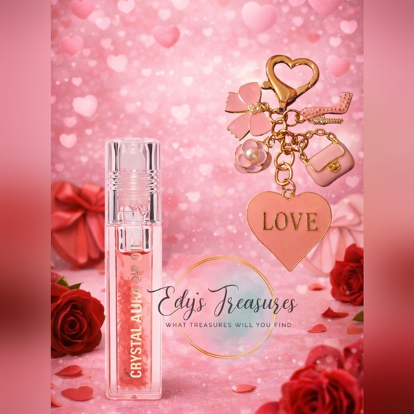 Accessories - Crystal Aura Lip Oil + Pink Heart Charm Keychain Set
